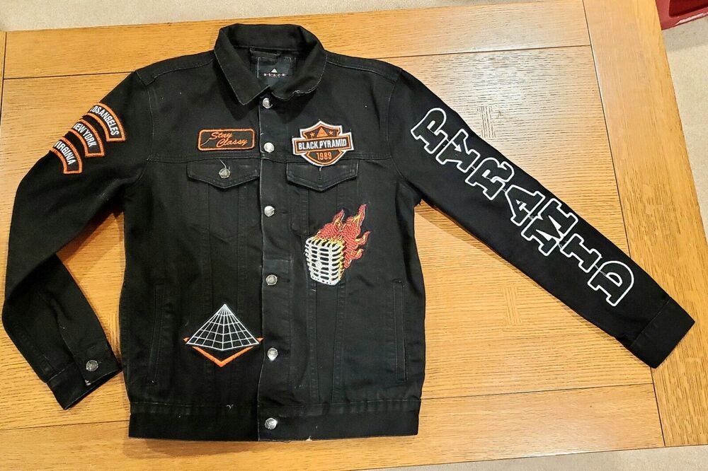 Black Pyramid Patch Embroidered Cotton Denim Jacket Mens Sz Small